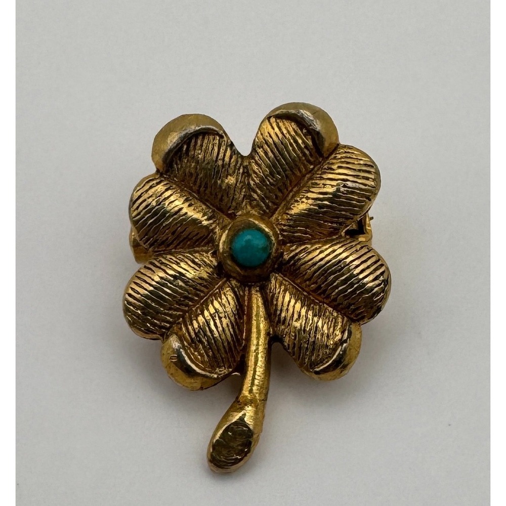 Vintage Four Leaf Clover Brooch Gold Tone Blue Stone Good Luck Charm - Picture 2 of 6